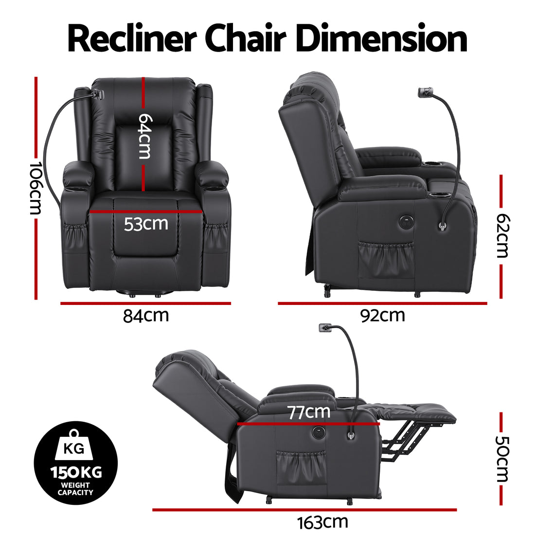 Artiss Power Lift Recliner Chair with Massage and Heat for Elderly, Electric Sofa Reclining Chair with USB and Phone Holder, PU Leather Comfy Armchair for Living Room, 2 Cup Holder &amp; 4 Pockets, Black-Furniture > Bar Stools &amp; Chairs > Arm Chairs &amp; Recliners-PEROZ Accessories