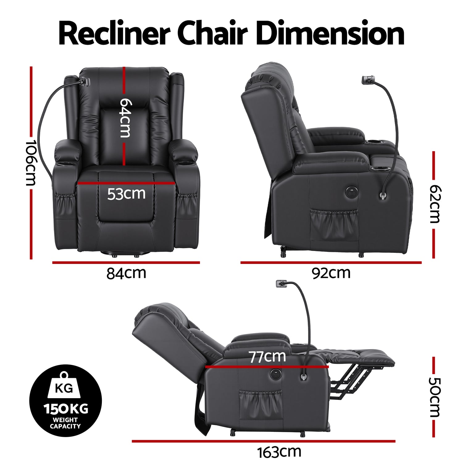 Artiss Power Lift Recliner Chair with Massage and Heat for Elderly, Electric Sofa Reclining Chair with USB and Phone Holder, PU Leather Comfy Armchair for Living Room, 2 Cup Holder &amp; 4 Pockets, Black-Furniture > Bar Stools &amp; Chairs > Arm Chairs &amp; Recliners-PEROZ Accessories