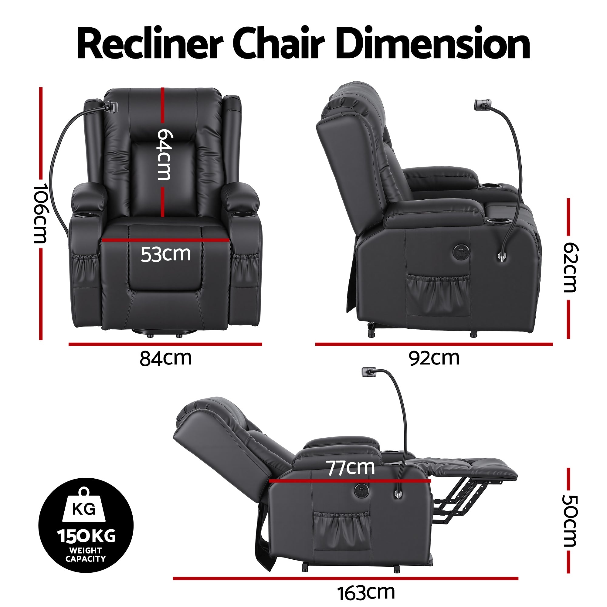 Artiss Power Lift Recliner Chair with Massage and Heat for Elderly, Electric Sofa Reclining Chair with USB and Phone Holder, PU Leather Comfy Armchair for Living Room, 2 Cup Holder &amp; 4 Pockets, Black-Furniture > Bar Stools &amp; Chairs > Arm Chairs &amp; Recliners-PEROZ Accessories