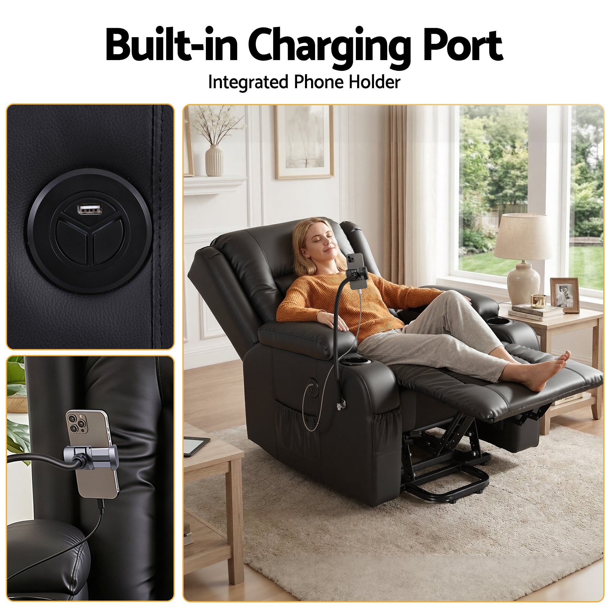 Artiss Power Lift Recliner Chair with Massage and Heat for Elderly, Electric Sofa Reclining Chair with USB and Phone Holder, PU Leather Comfy Armchair for Living Room, 2 Cup Holder &amp; 4 Pockets, Black-Furniture > Bar Stools &amp; Chairs > Arm Chairs &amp; Recliners-PEROZ Accessories