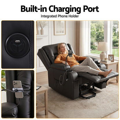 Artiss Power Lift Recliner Chair with Massage and Heat for Elderly, Electric Sofa Reclining Chair with USB and Phone Holder, PU Leather Comfy Armchair for Living Room, 2 Cup Holder &amp; 4 Pockets, Black-Furniture > Bar Stools &amp; Chairs > Arm Chairs &amp; Recliners-PEROZ Accessories