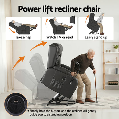 Artiss Power Lift Recliner Chair with Massage and Heat for Elderly, Electric Sofa Reclining Chair with USB and Phone Holder, PU Leather Comfy Armchair for Living Room, 2 Cup Holder &amp; 4 Pockets, Black-Furniture > Bar Stools &amp; Chairs > Arm Chairs &amp; Recliners-PEROZ Accessories
