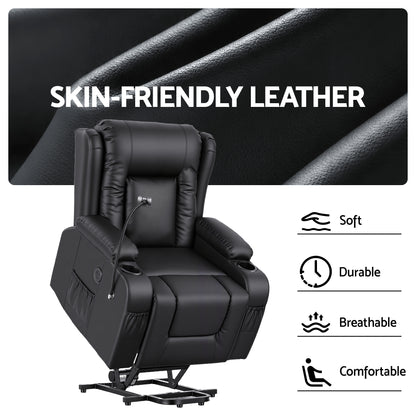 Artiss Power Lift Recliner Chair with Massage and Heat for Elderly, Electric Sofa Reclining Chair with USB and Phone Holder, PU Leather Comfy Armchair for Living Room, 2 Cup Holder &amp; 4 Pockets, Black-Furniture > Bar Stools &amp; Chairs > Arm Chairs &amp; Recliners-PEROZ Accessories