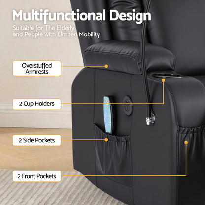 Artiss Power Lift Recliner Chair with Massage and Heat for Elderly, Electric Sofa Reclining Chair with USB and Phone Holder, PU Leather Comfy Armchair for Living Room, 2 Cup Holder &amp; 4 Pockets, Black-Furniture > Bar Stools &amp; Chairs > Arm Chairs &amp; Recliners-PEROZ Accessories