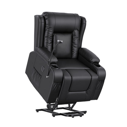 Artiss Power Lift Recliner Chair with Massage and Heat for Elderly, Electric Sofa Reclining Chair with USB and Phone Holder, PU Leather Comfy Armchair for Living Room, 2 Cup Holder &amp; 4 Pockets, Black-Furniture > Bar Stools &amp; Chairs > Arm Chairs &amp; Recliners-PEROZ Accessories