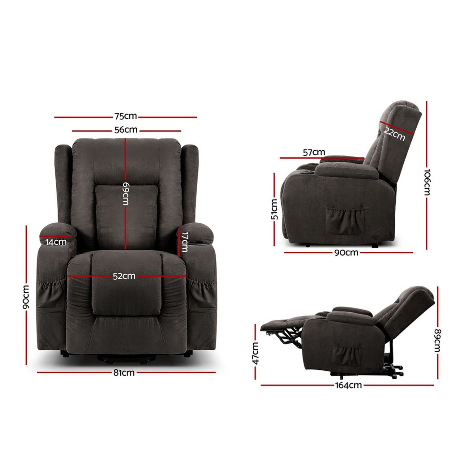 Artiss Recliner Chair Lift Assist Heated Massage Chair Velvet Rukwa-Health &amp; Beauty > Massage-PEROZ Accessories
