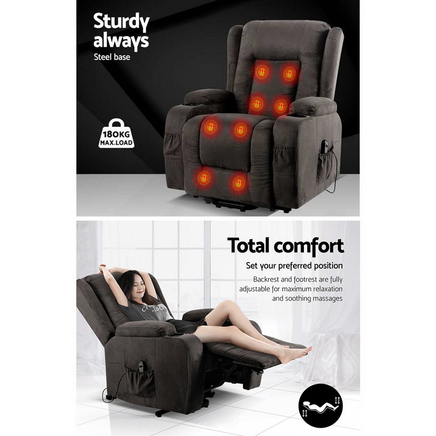 Artiss Recliner Chair Lift Assist Heated Massage Chair Velvet Rukwa-Health &amp; Beauty > Massage-PEROZ Accessories