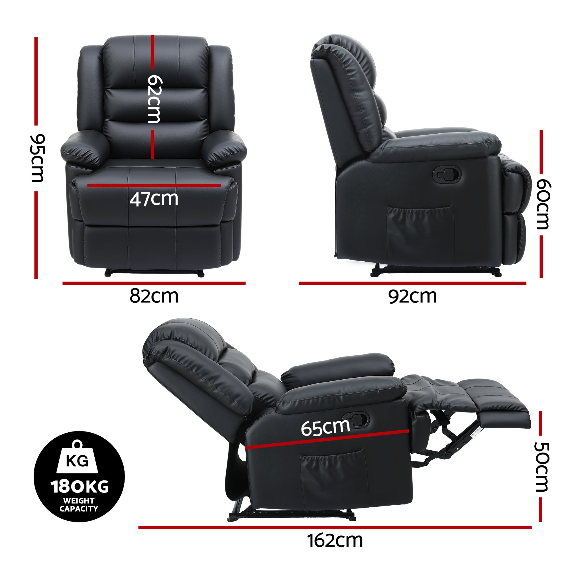 Artiss Manual Recliner Chair Leather Reclining Sofa with 16color Led Black-Furniture > Bar Stools &amp; Chairs > Arm Chairs &amp; Recliners-PEROZ Accessories