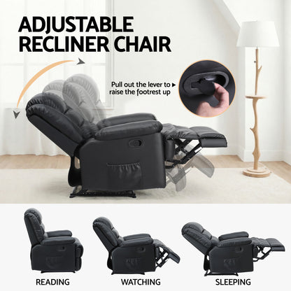 Artiss Manual Recliner Chair Leather Reclining Sofa with 16color Led Black-Furniture > Bar Stools &amp; Chairs > Arm Chairs &amp; Recliners-PEROZ Accessories