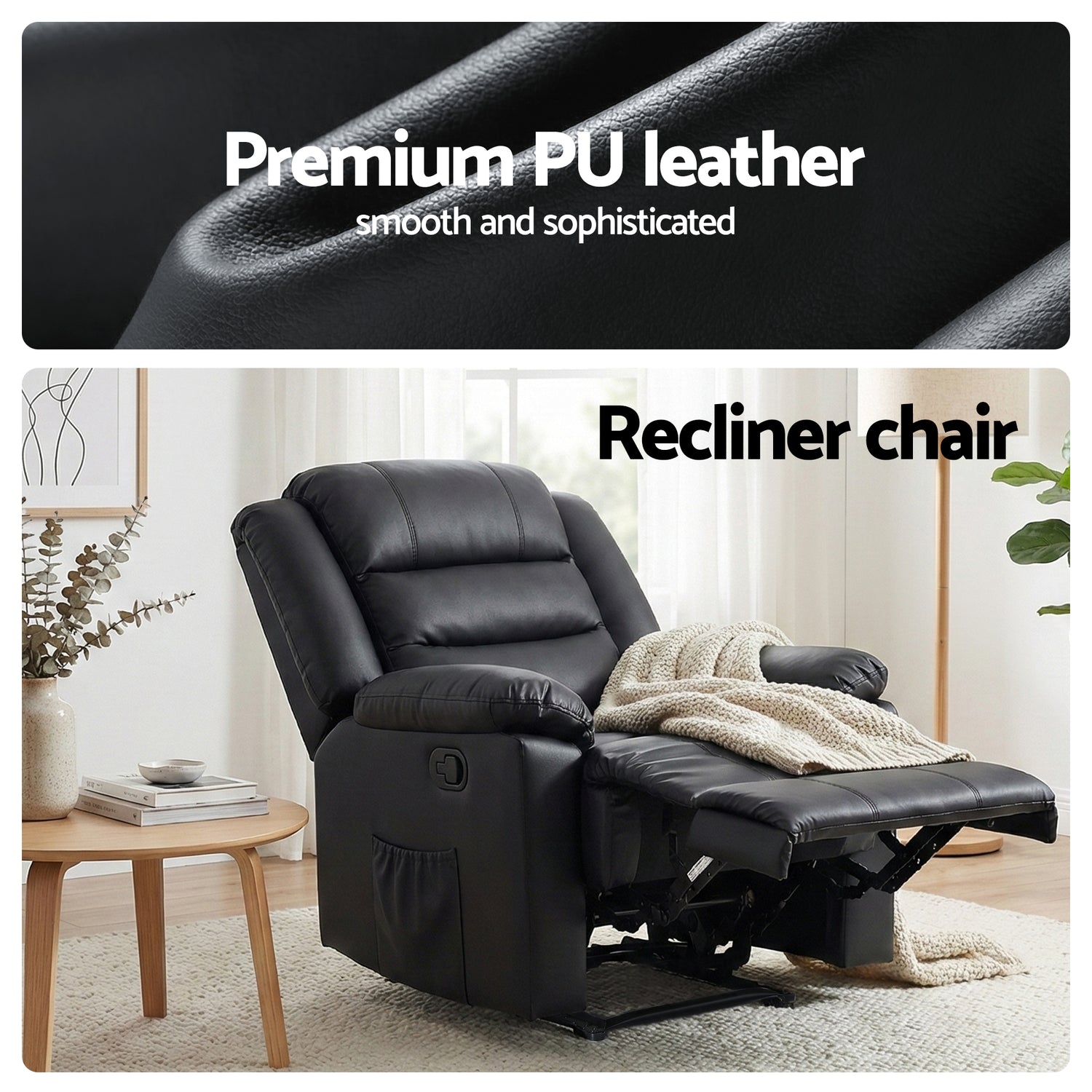 Artiss Manual Recliner Chair Leather Reclining Sofa with 16color Led Black-Furniture > Bar Stools &amp; Chairs > Arm Chairs &amp; Recliners-PEROZ Accessories