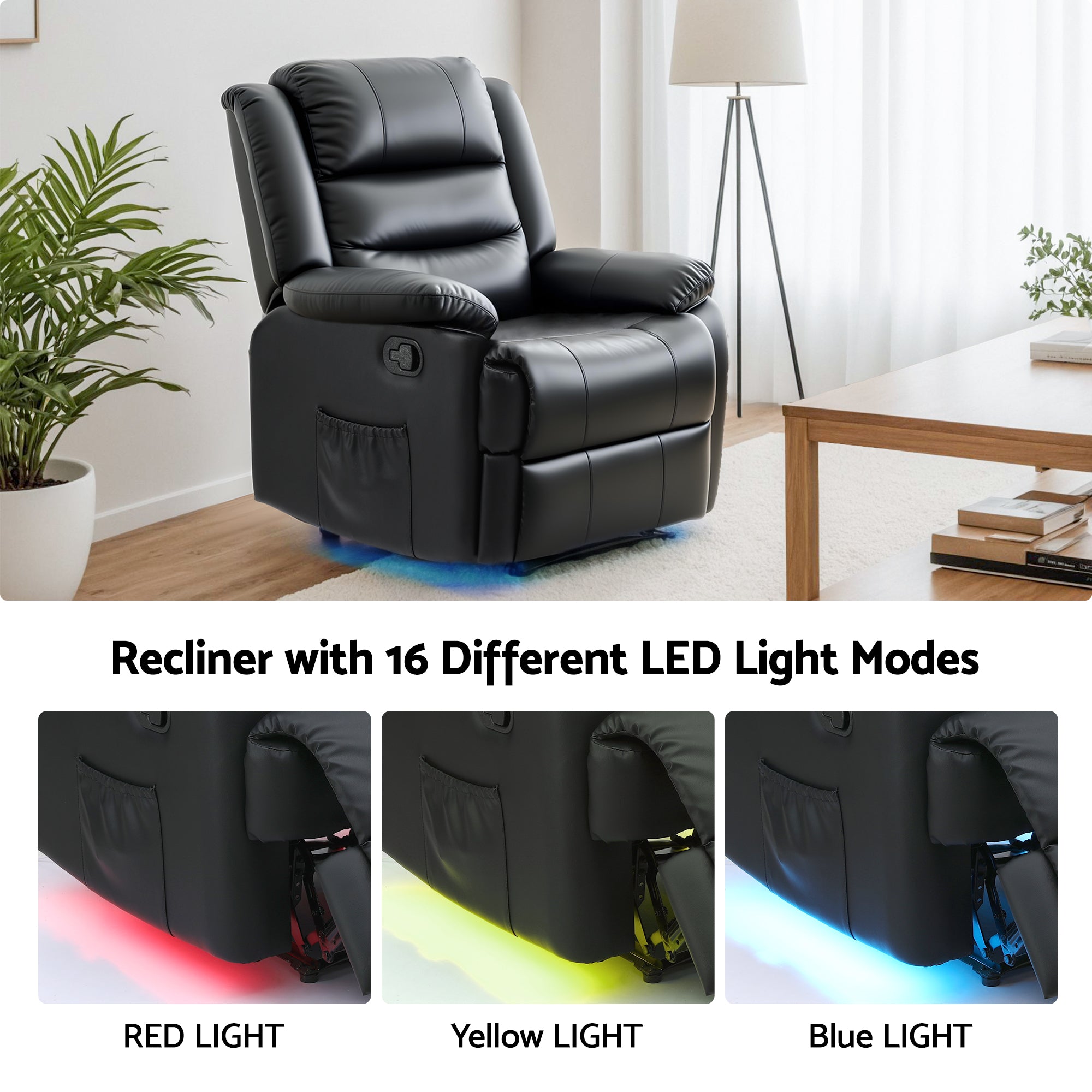 Artiss Manual Recliner Chair Leather Reclining Sofa with 16color Led Black-Furniture > Bar Stools &amp; Chairs > Arm Chairs &amp; Recliners-PEROZ Accessories