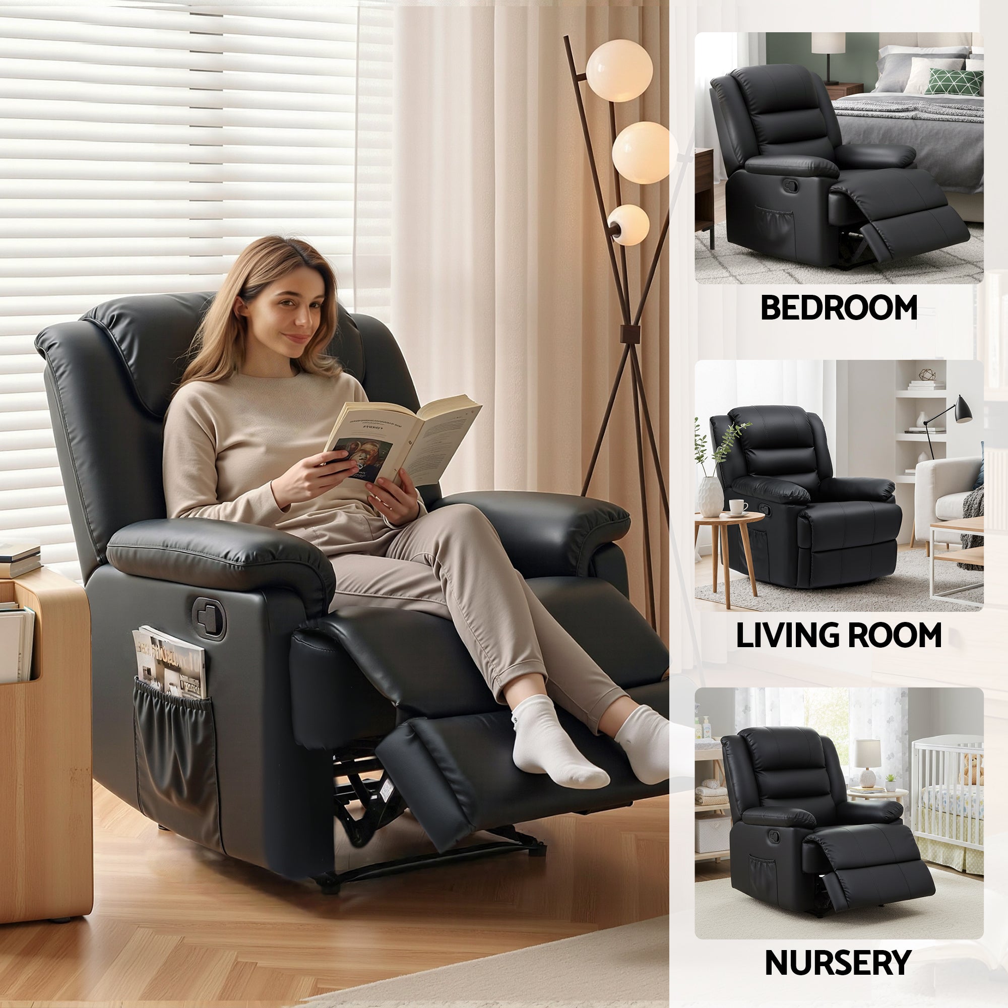 Artiss Manual Recliner Chair Leather Reclining Sofa with 16color Led Black-Furniture > Bar Stools &amp; Chairs > Arm Chairs &amp; Recliners-PEROZ Accessories