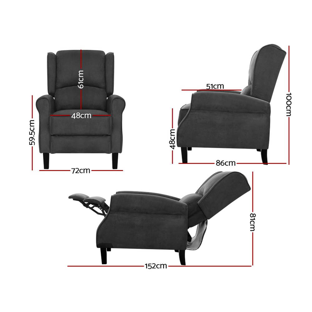 Artiss Recliner Chair Adjustable Sofa Lounge Soft Suede Armchair Couch Charcoal-Furniture > Living Room-PEROZ Accessories