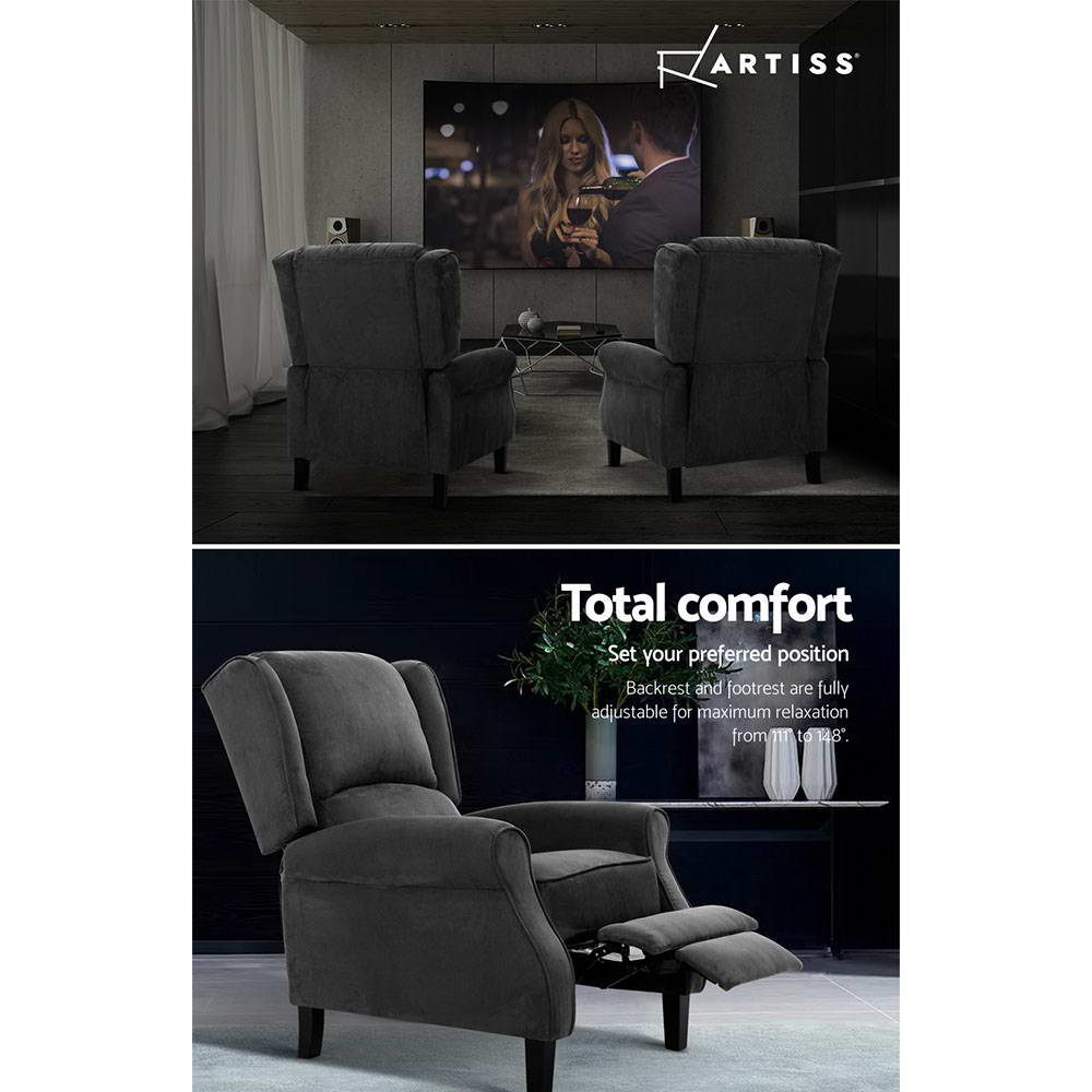 Artiss Recliner Chair Adjustable Sofa Lounge Soft Suede Armchair Couch Charcoal-Furniture > Living Room-PEROZ Accessories