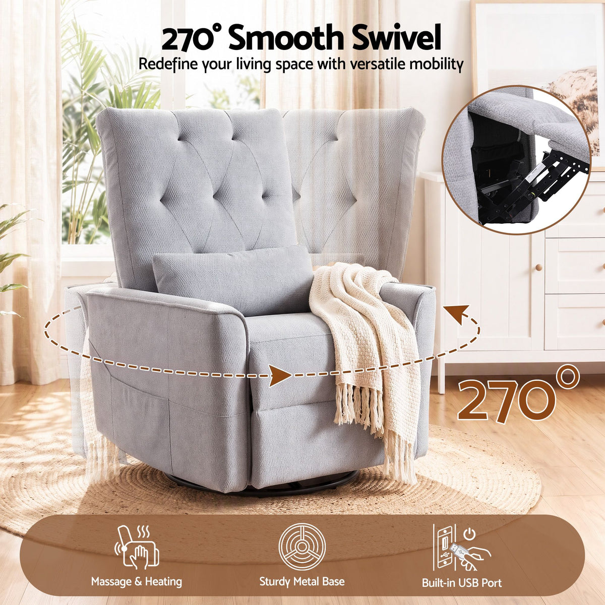 Artiss Electric Massage Recliner Chair with 270° Swivel &amp; Heat, Grey