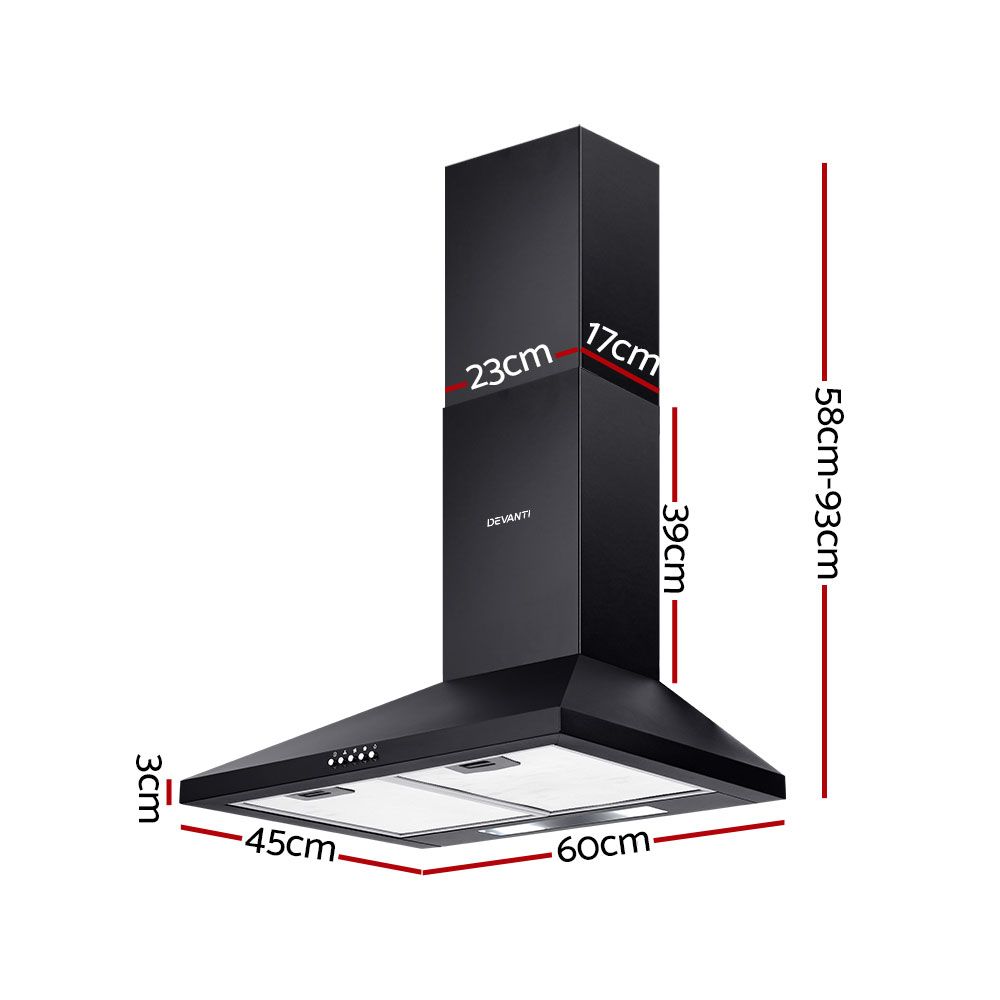 Devanti 600mm Range Hood 60cm Rangehood Black-Rangehoods-PEROZ Accessories