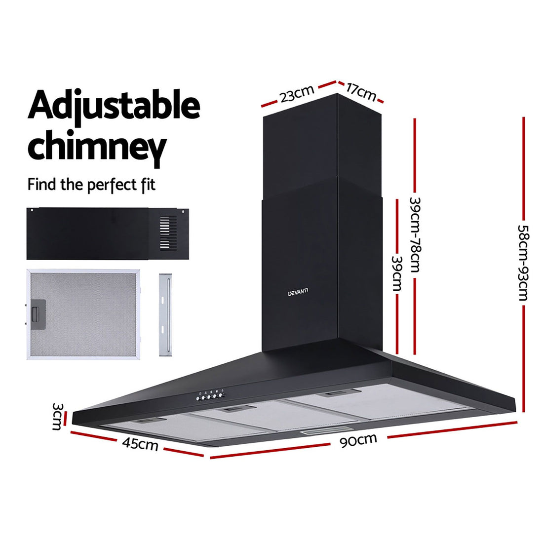 Devanti 900mm Range Hood 90cm Rangehood Black-Rangehoods-PEROZ Accessories
