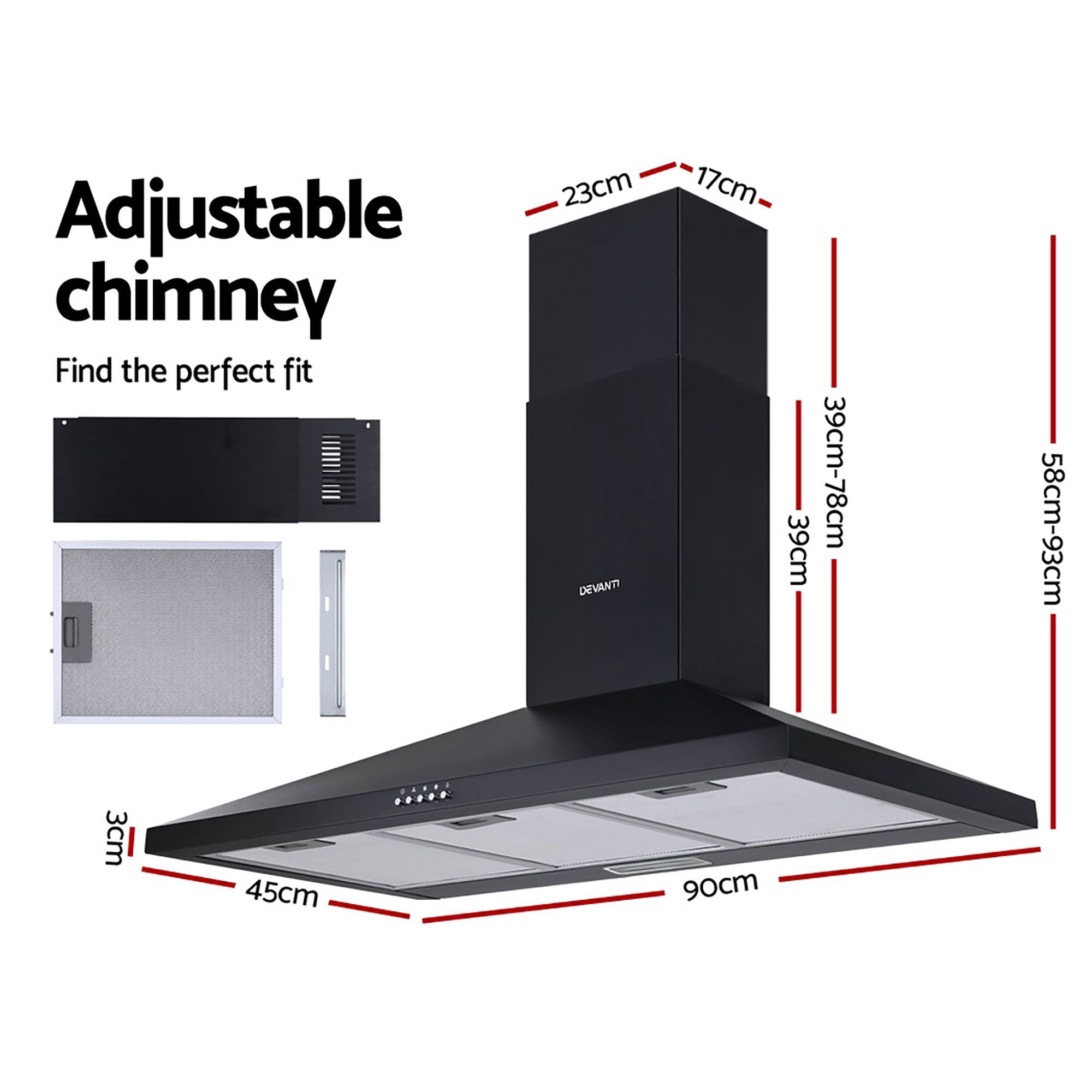 Devanti 900mm Range Hood 90cm Rangehood Black-Rangehoods-PEROZ Accessories