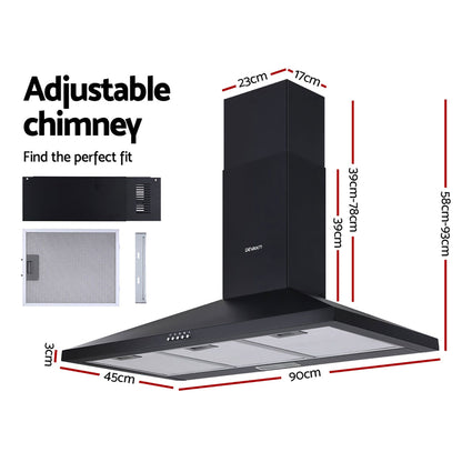 Devanti 900mm Range Hood 90cm Rangehood Black-Rangehoods-PEROZ Accessories