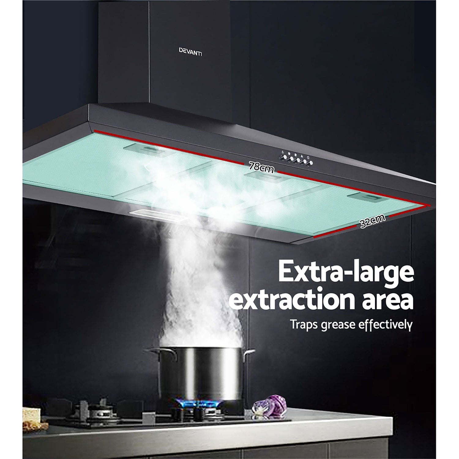 Devanti 900mm Range Hood 90cm Rangehood Black-Rangehoods-PEROZ Accessories