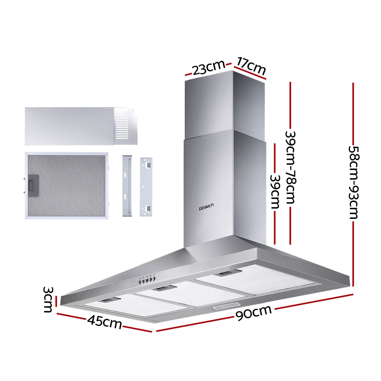 Devanti 900mm Range Hood 90cm Rangehood Stainless Steel-Rangehoods-PEROZ Accessories