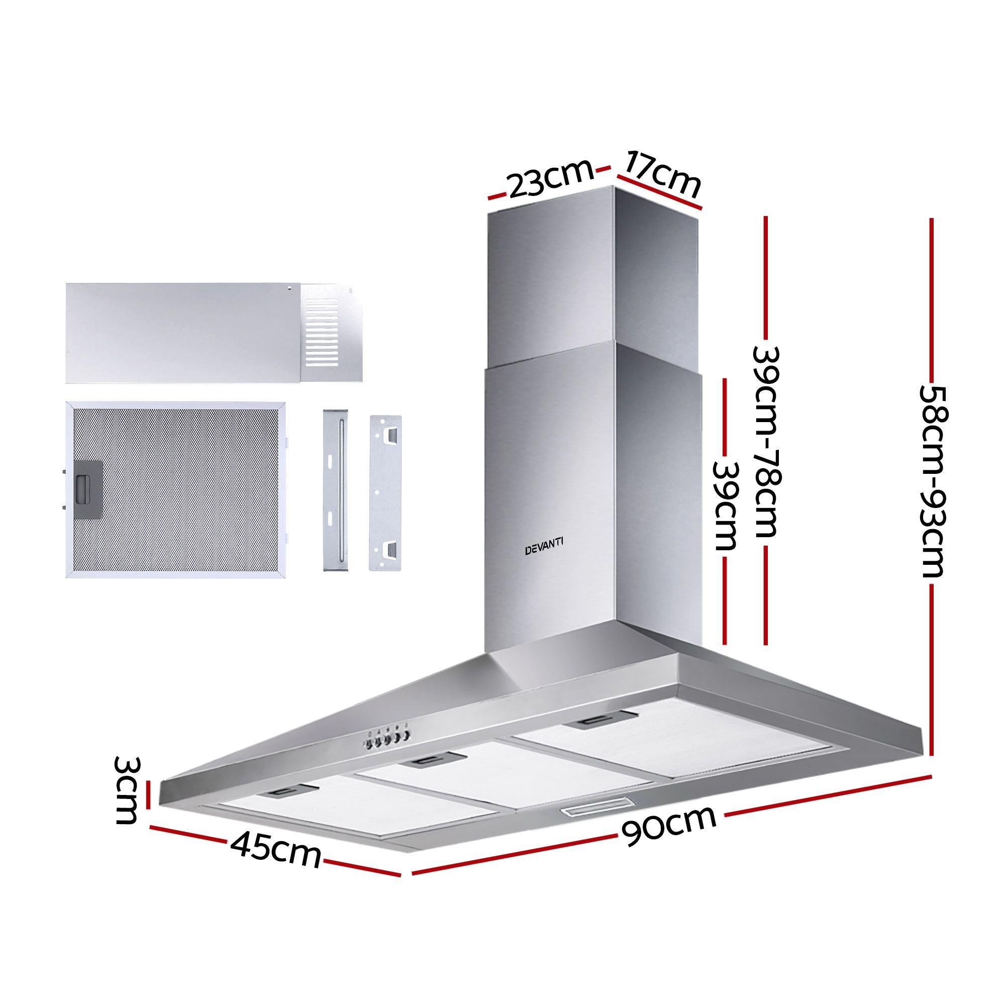 Devanti 900mm Range Hood 90cm Rangehood Stainless Steel-Rangehoods-PEROZ Accessories