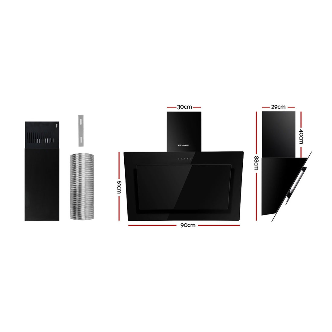 Devanti 900mm Range Hood 90cm Rangehood Glass Black-Rangehoods-PEROZ Accessories