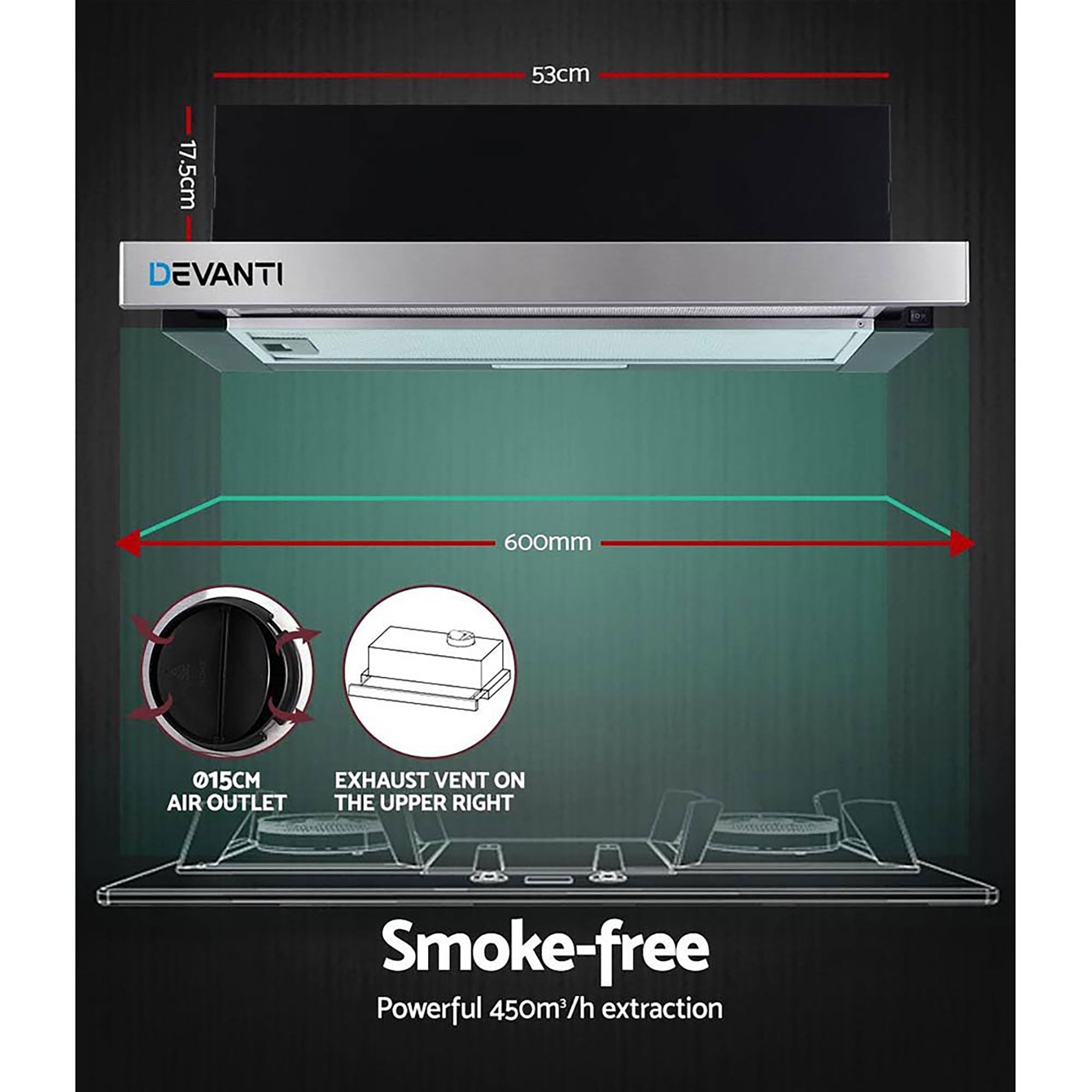 Devanti 600mm Range Hood 60cm Slide out Rangehood Stainless Steel-Rangehoods-PEROZ Accessories