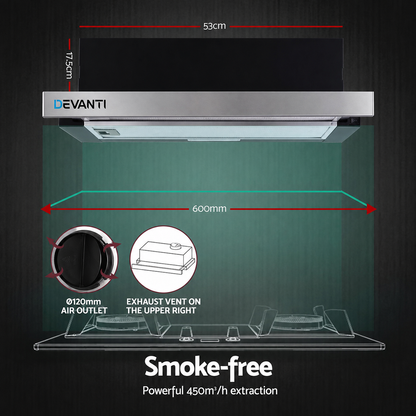 Devanti 600mm Range Hood 60cm Slide out Rangehood Stainless Steel-Rangehoods-PEROZ Accessories
