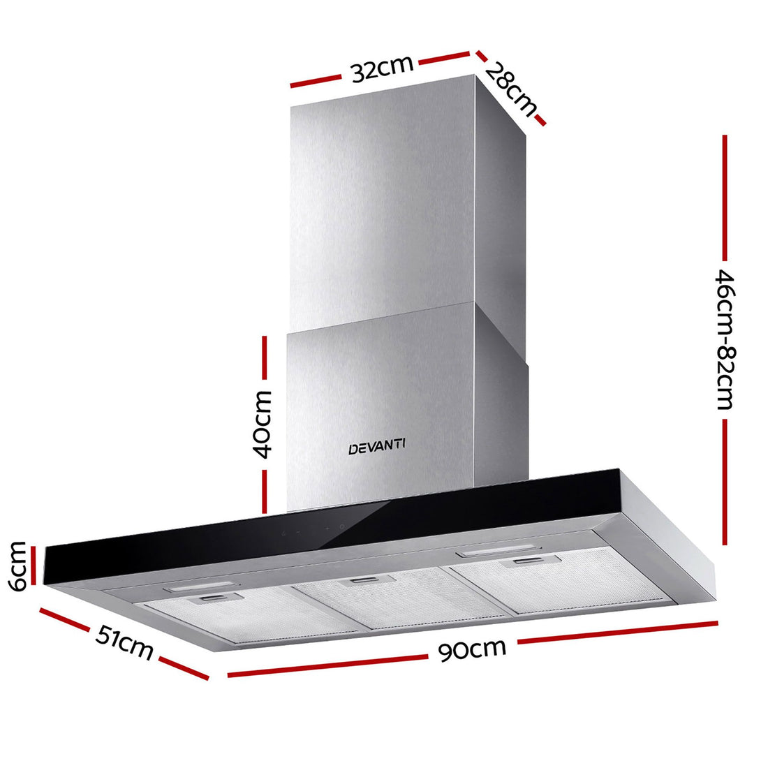 Devanti 900mm Range Hood 90cm Rangehood Glass Stainless Steel-Rangehoods-PEROZ Accessories