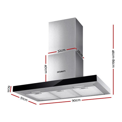 Devanti 900mm Range Hood 90cm Rangehood Glass Stainless Steel-Rangehoods-PEROZ Accessories