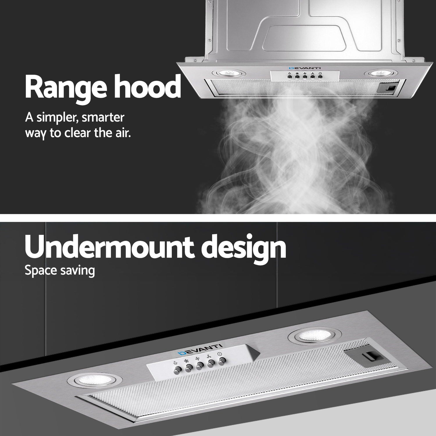 Devanti 520mm Range Hood 52cm Rangehood Stainless Steel-Rangehoods-PEROZ Accessories