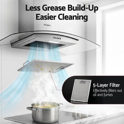 Devanti 90cm Range Hood Curved Glass Canopy Rangehood Kitchen Exhaust Fan-Appliances > Kitchen Appliances > Cooking Ranges-PEROZ Accessories