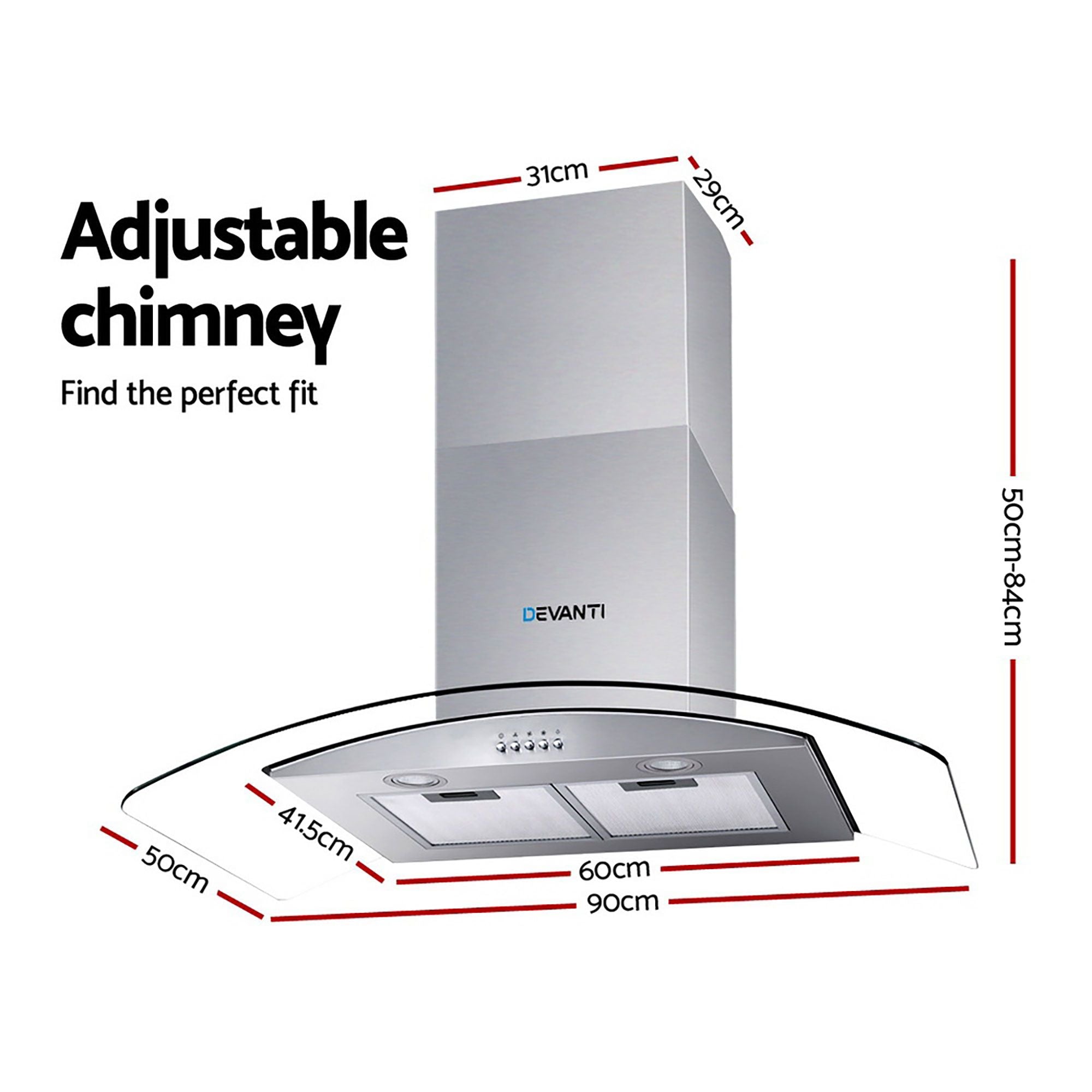 Devanti 900mm Range Hood 90cm Rangehood Glass Canopy-Rangehoods-PEROZ Accessories