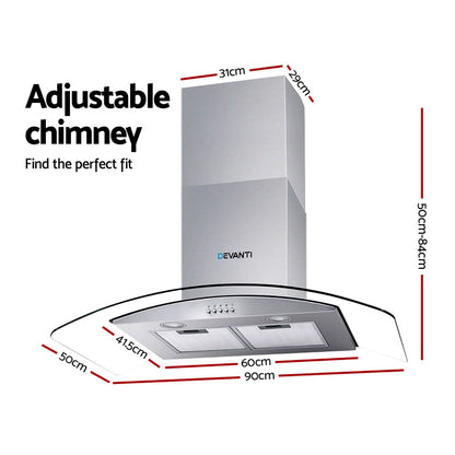 Devanti 900mm Range Hood 90cm Rangehood Glass Canopy-Rangehoods-PEROZ Accessories