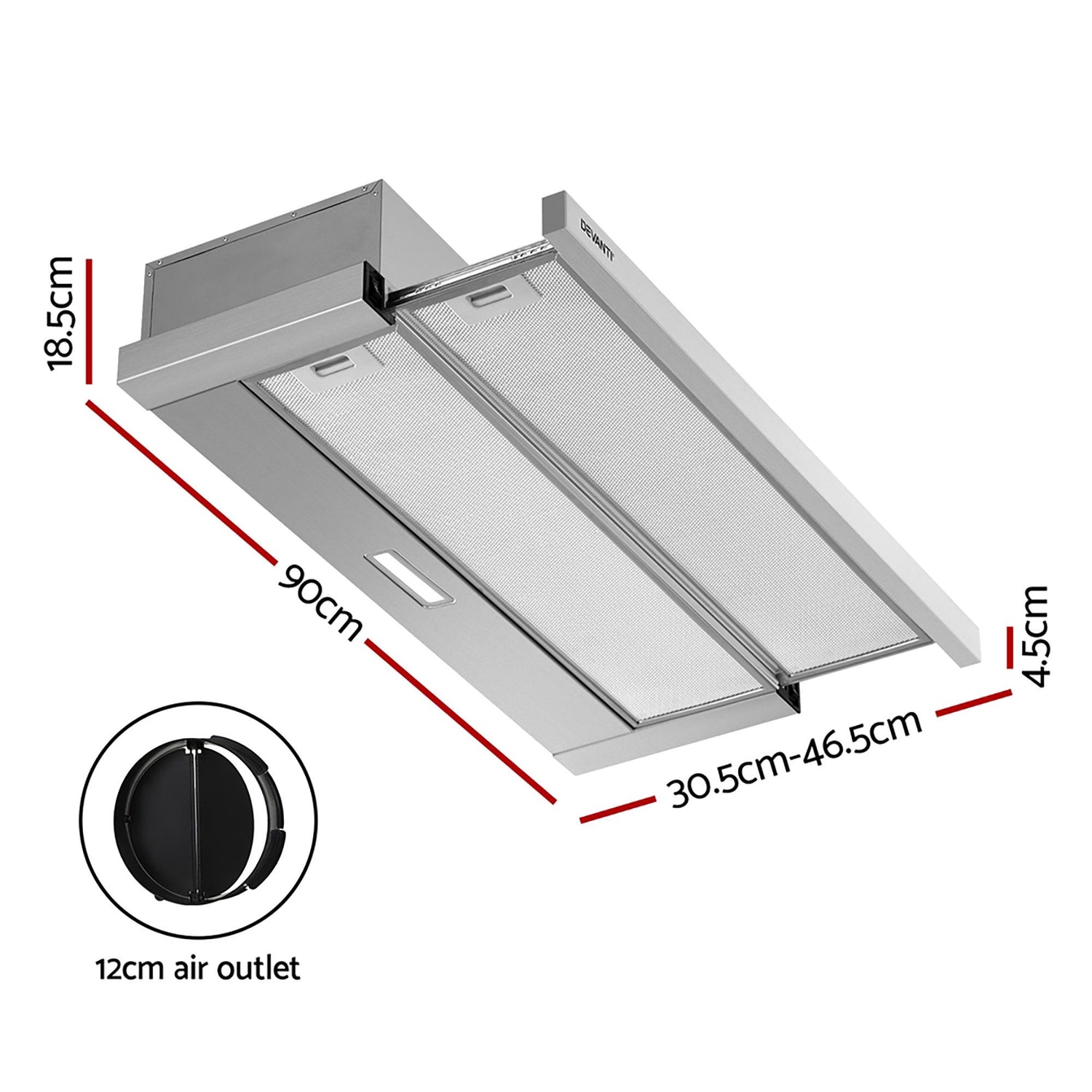 Devanti 900mm Range Hood 90cm Slide out Rangehood Stainless Steel-Appliances > Kitchen Appliances-PEROZ Accessories