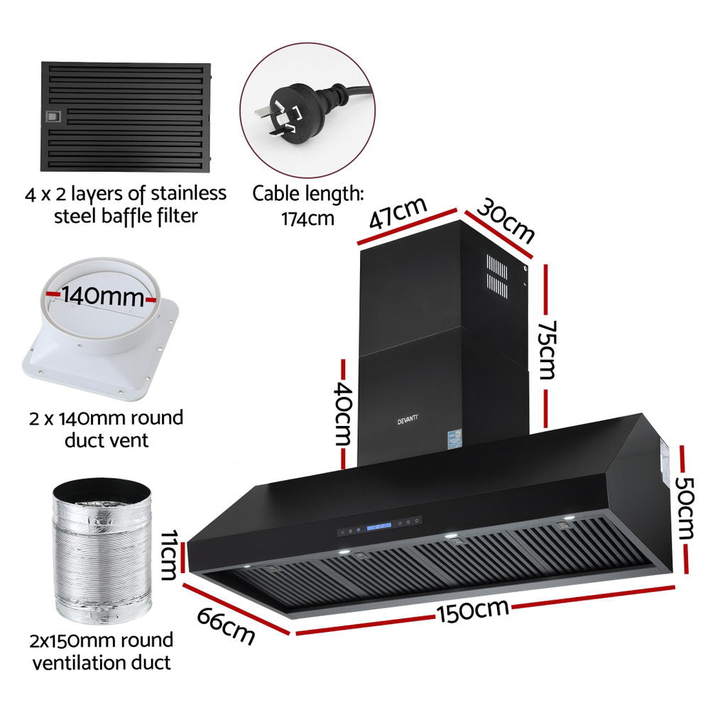 Devanti 1500mm Commercial BBQ Range Hood Dual Motor W/ Remote Control Black-Appliances &gt; Kitchen Appliances &gt; Cooking Ranges-PEROZ Accessories