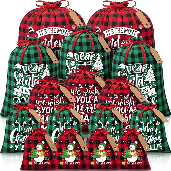 Red flannel Christmas Gift Drawstring Bags Set - Festive Burlap Style Pouches for Candy &amp; Apples - Holiday Decoration - 10 Pcs-Occasions > Christmas > Christmas Decorations-PEROZ Accessories
