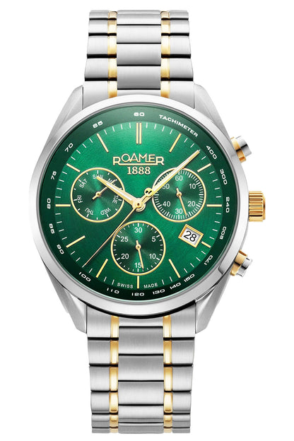Roamer Pro Chrono 43.5mm Green Dial Two Tone Stainless Steel Strap Watch-PEROZ Accessories