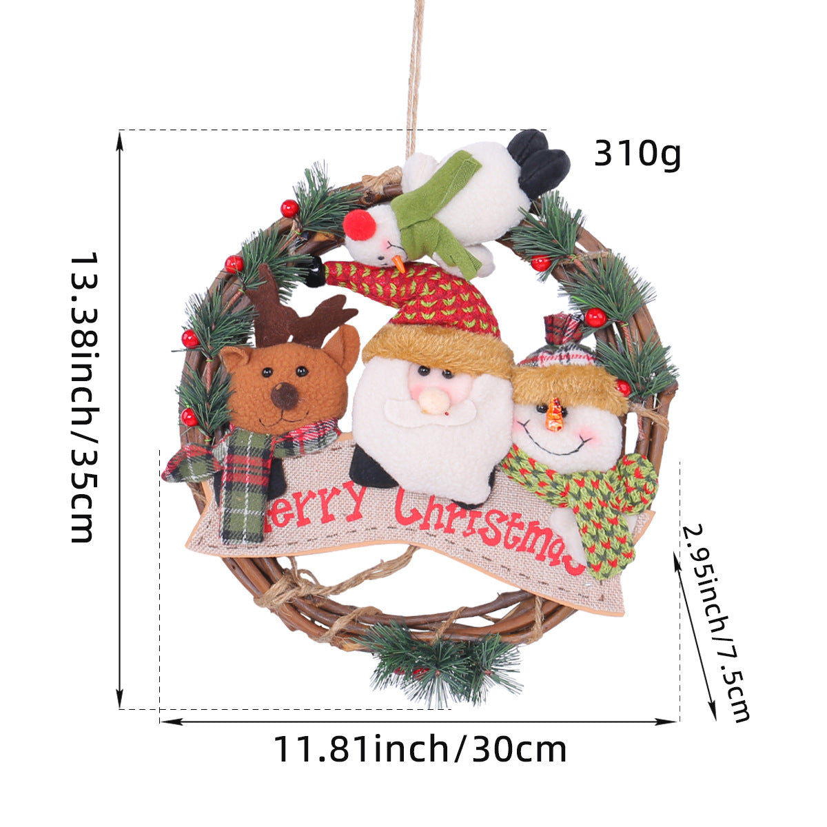 Rustic Christmas Wreath with Santa, Reindeer, and Snowman - Holiday Door Decoration-Occasions > Christmas > Christmas Decorations-PEROZ Accessories