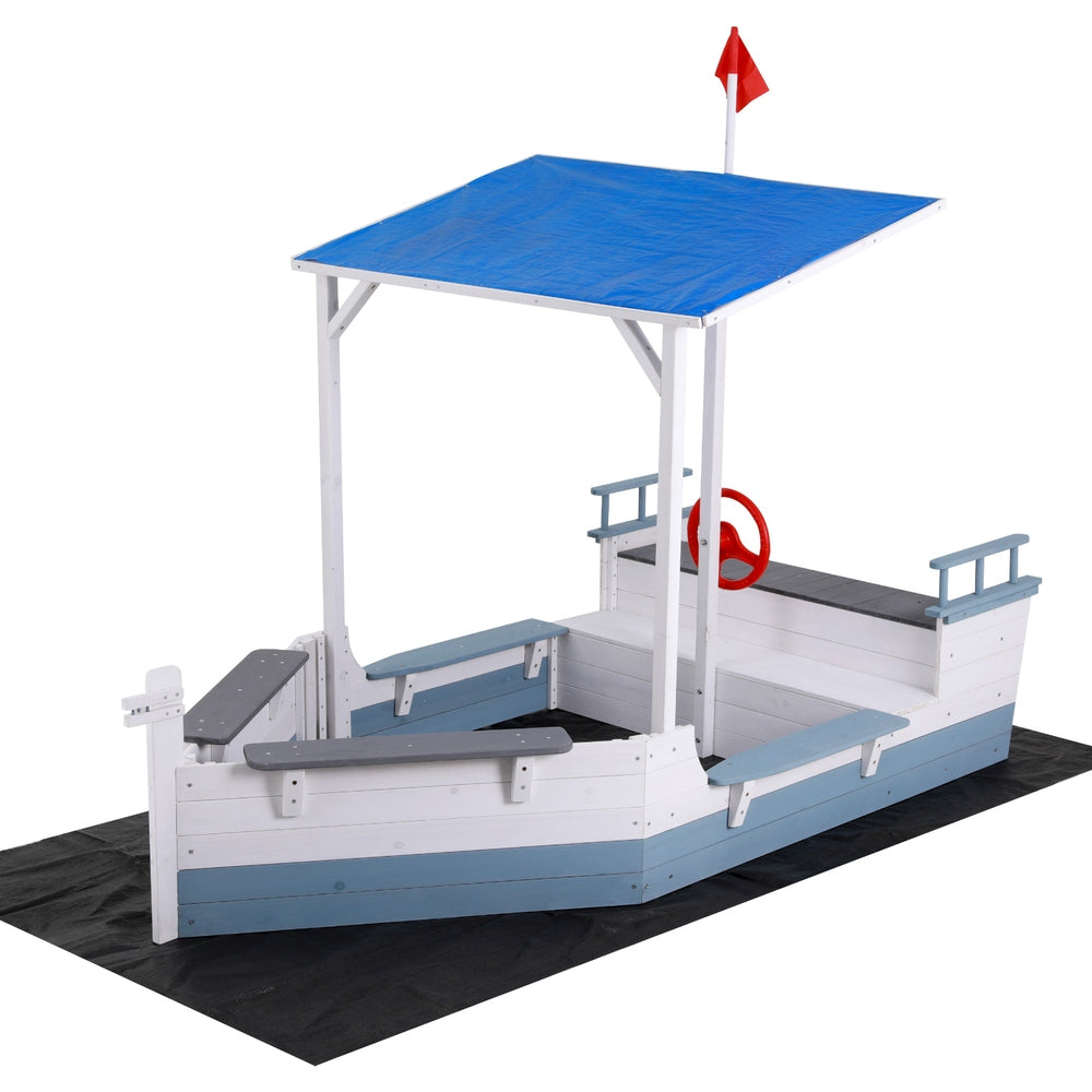 Keezi Kids Sandpit Wooden Box Boat Canopy Flag Outdoor Toys Children Blue-Baby &amp; Kids &gt; Baby &amp; Kid&