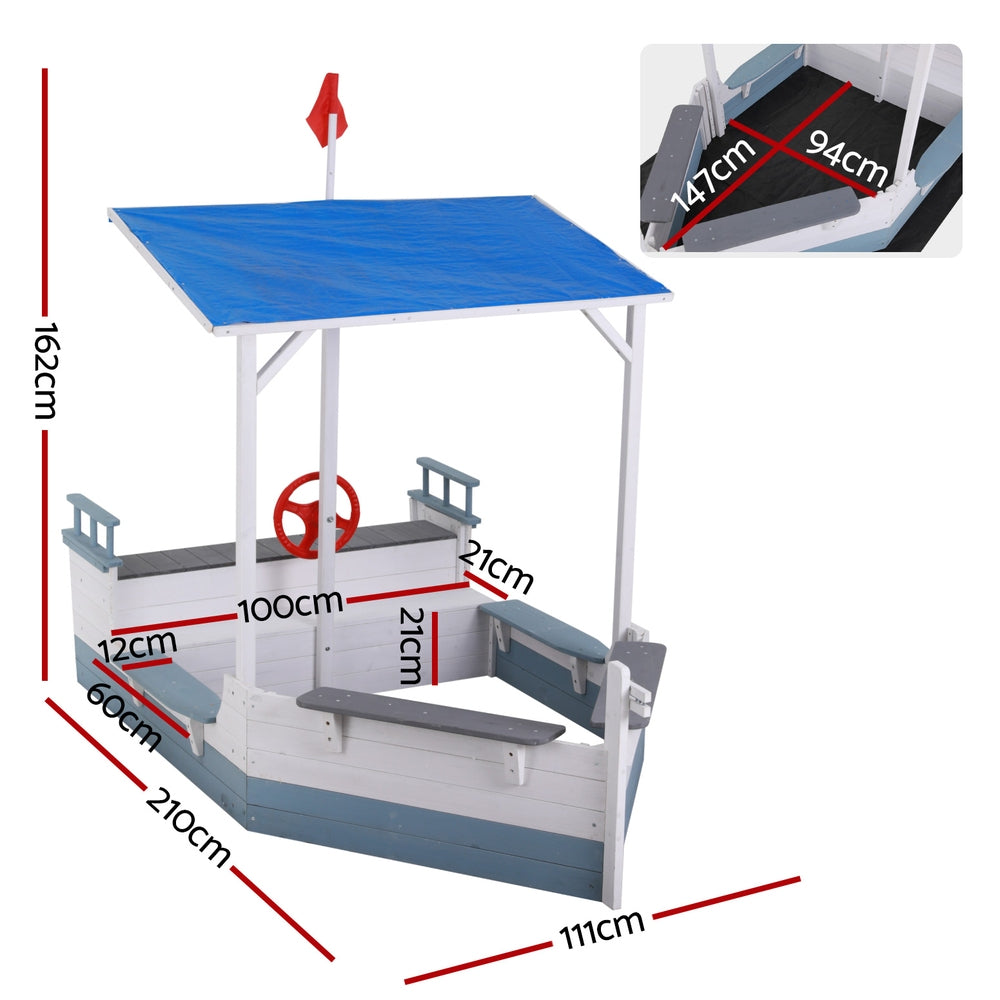 Keezi Kids Sandpit Wooden Box Boat Canopy Flag Outdoor Toys Children Blue-Baby &amp; Kids &gt; Baby &amp; Kid&