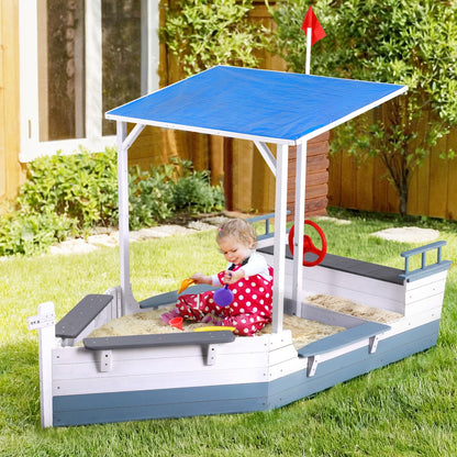 Keezi Kids Sandpit Wooden Box Boat Canopy Flag Outdoor Toys Children Blue-Baby &amp; Kids &gt; Baby &amp; Kid&