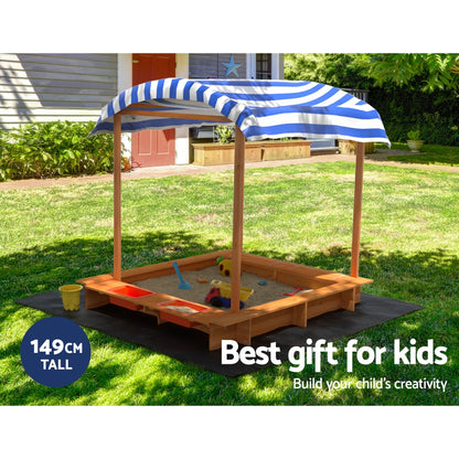 Keezi Kids Sandpit Wooden Sandbox Sand Pit with Canopy Water Basin Toys 146cm-Baby &amp; Kids &gt; Baby &amp; Kid&