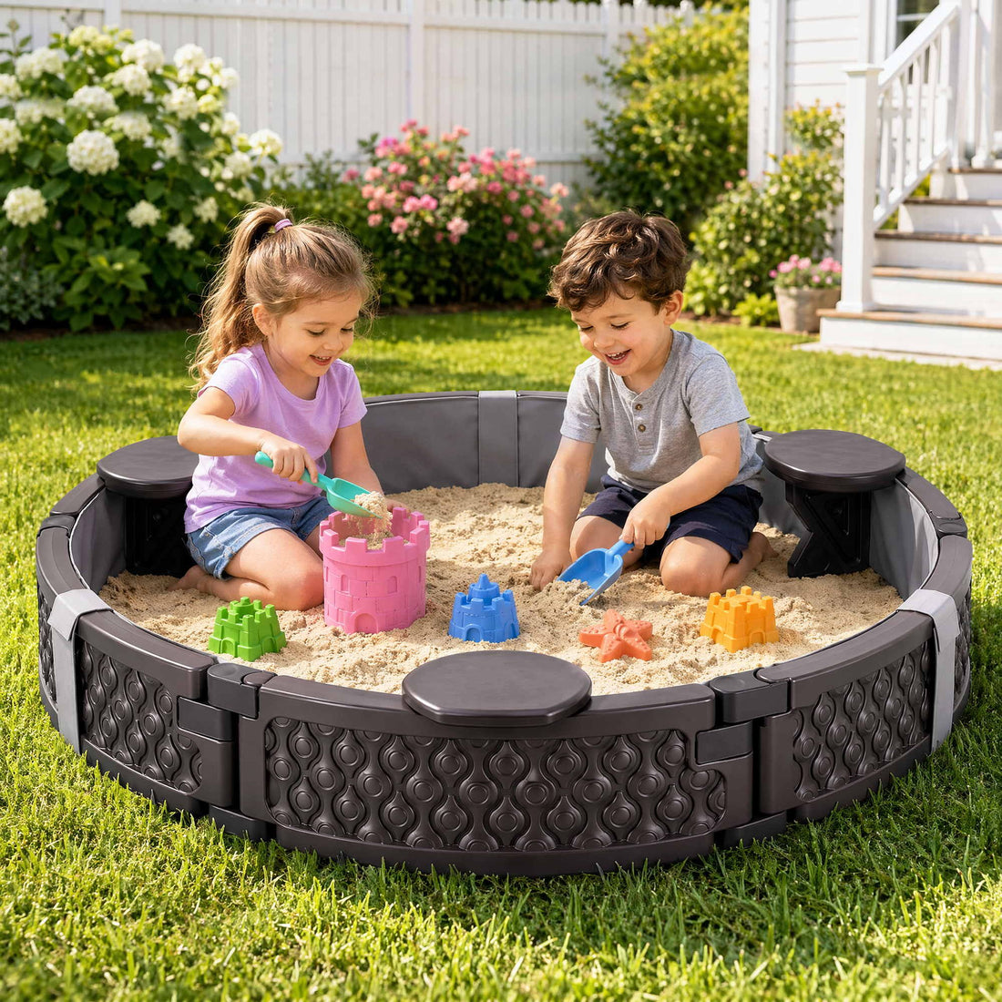 Kids Outdoor Sandpit Toys Sandbox 121cm Round Brown 3 Seats Cover Liner-Baby &amp; Kids > Baby &amp; Kid&