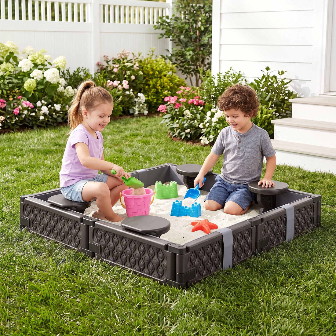 Keezi Kids Sandpit Sandbox With Cover 4 Seats Outdoor Sand Box Brown-Baby &amp; Kids > Baby &amp; Kid&