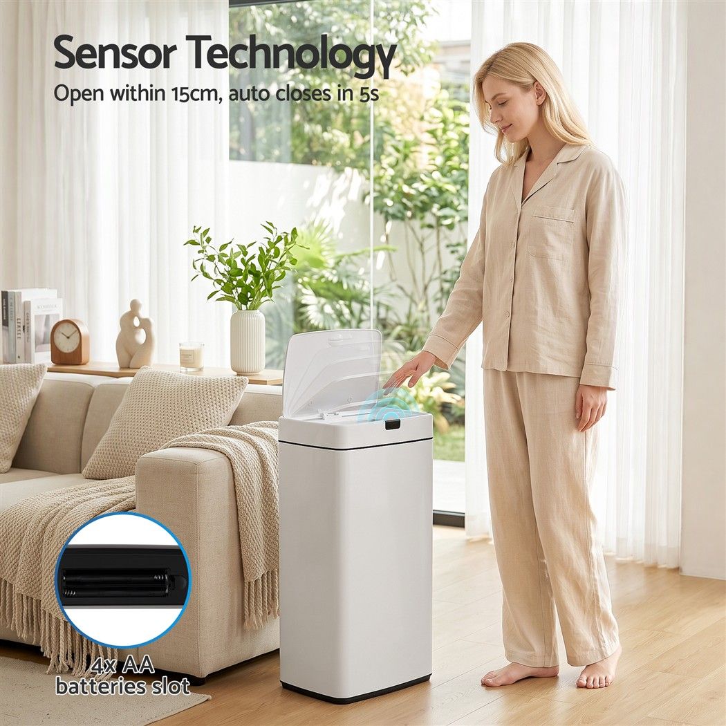 Devanti 45L Motion Sensor Bin Rubbish Automatic White-Home &amp; Garden > Kitchen Bins-PEROZ Accessories