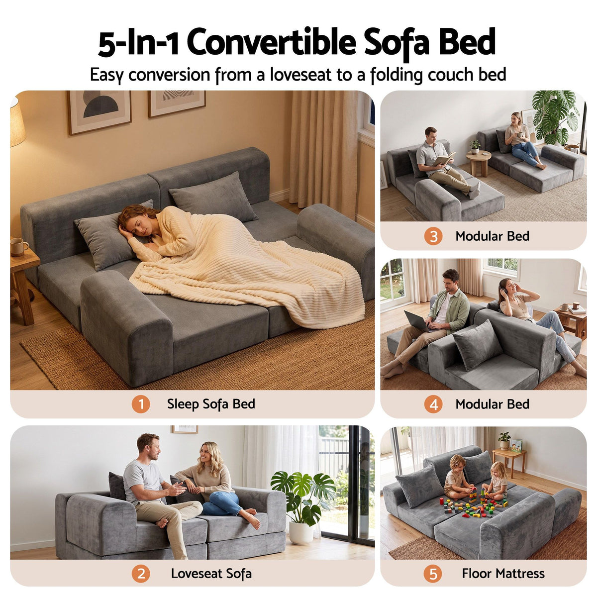 Artiss 5-in-1 Convertible Sofa Bed Floor Mattress Modular Boneless Curved Couch-Furniture > Sofas > Sofas &amp; Sofa Beds-PEROZ Accessories