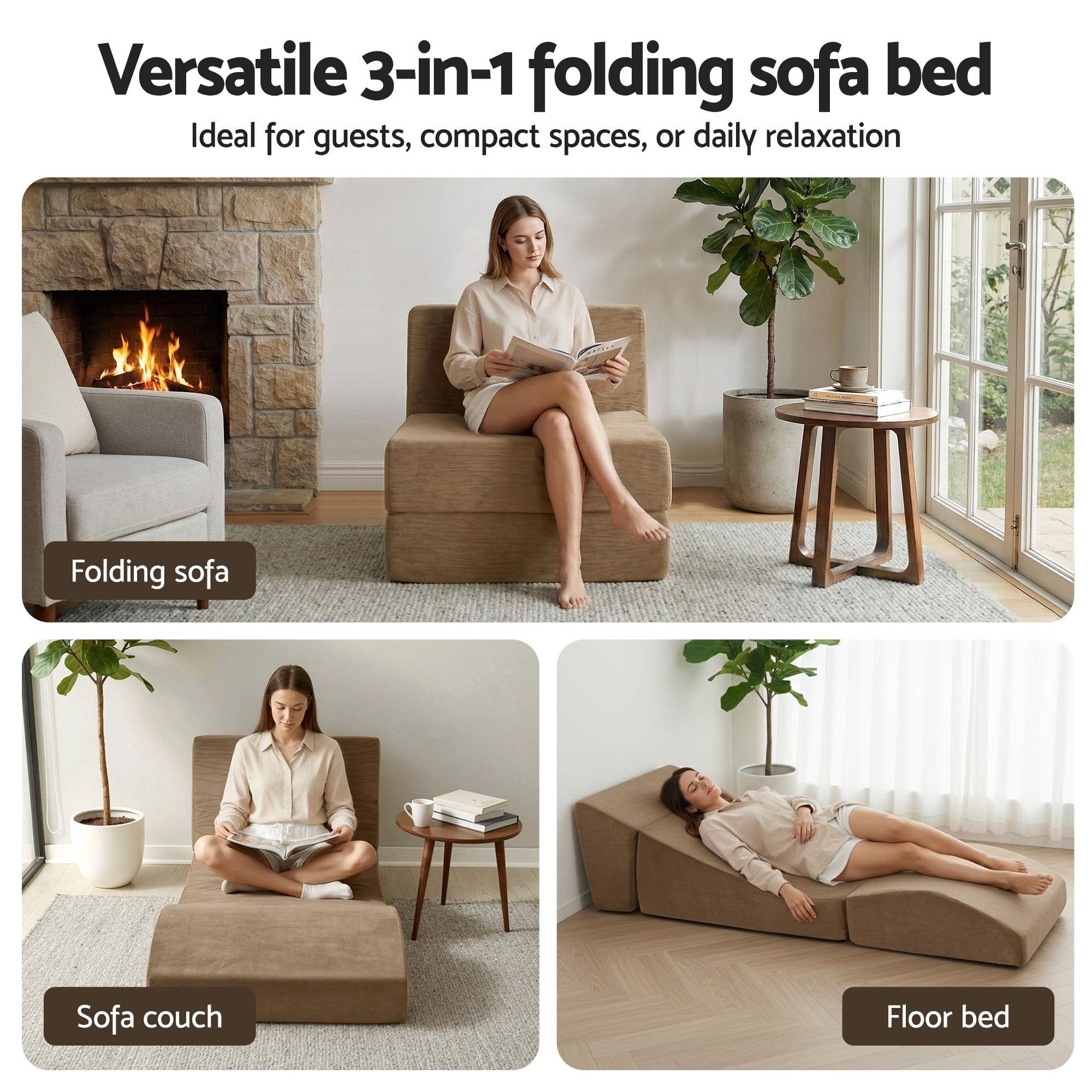 Artiss Folding Sofa Bed Convertible Armless Foam Floor Futon Lounger Couch Brown-Furniture > Sofas > Sofas &amp; Sofa Beds-PEROZ Accessories