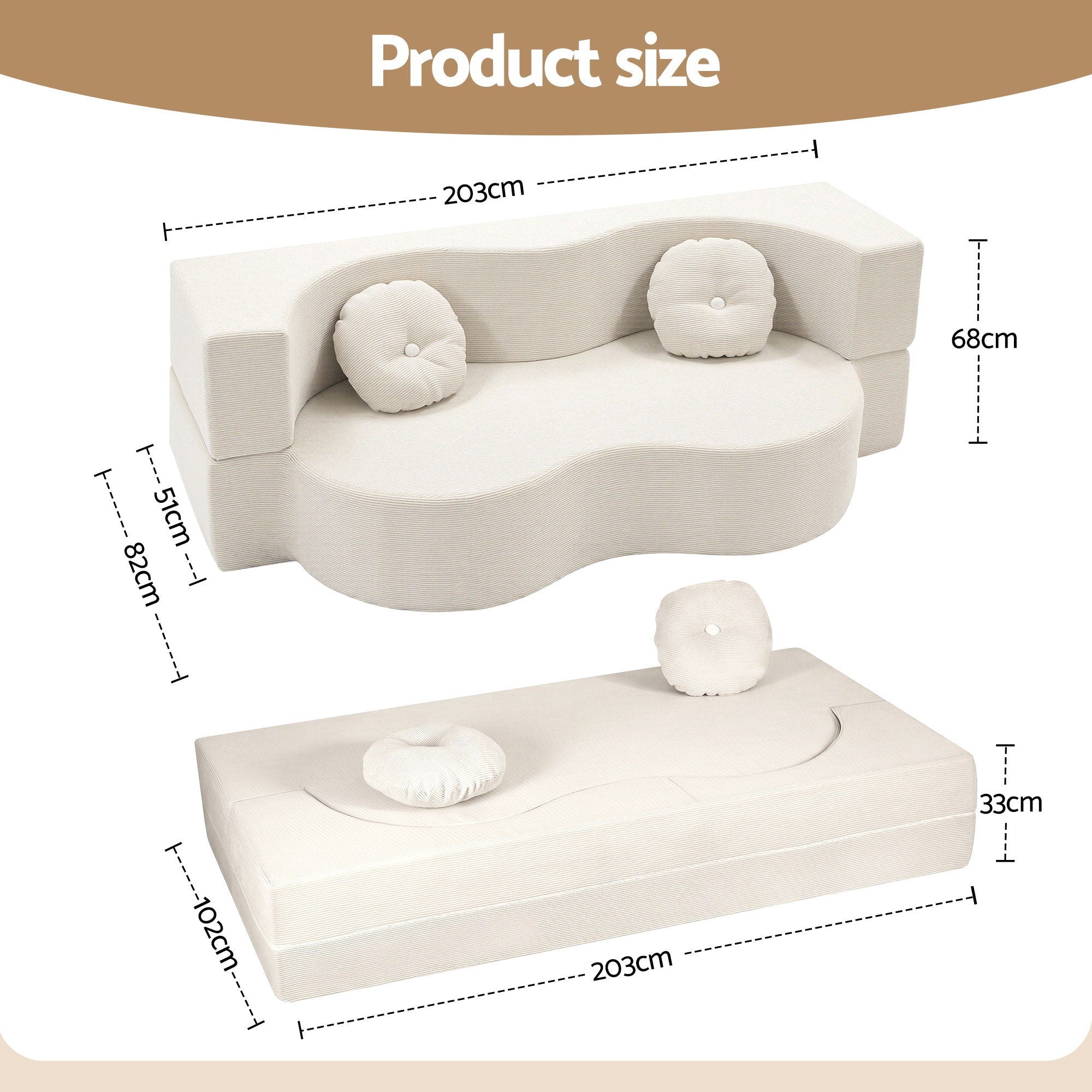 Artiss Folding Sofa Bed Floor Couch 2-in-1 Convertible Futon Loveseat Beige-Furniture > Sofas > Sofas &amp; Sofa Beds-PEROZ Accessories